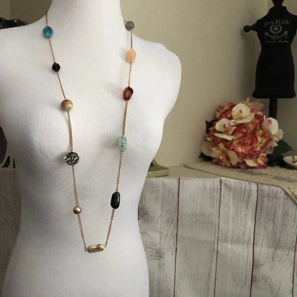 Long Beaded Multi Color Statement Necklace Gold Tone - Picture 1 of 6
